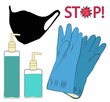 Antiviral ilaçların vektör çizimi. Eldiven, sabun, antibakteriyel yüz maskesi, yazıt durdurma. Virüs Önleme Konsepti.