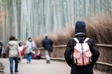 Arashiyama Bambu Korusu 'nda Seyahat Eden Genç Kadın, Mutlu Asyalı Tr.