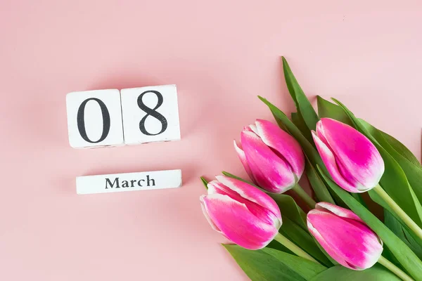 Pink Tulip bloem en 8 maart op roze achtergrond met kopie spa — Stockfoto