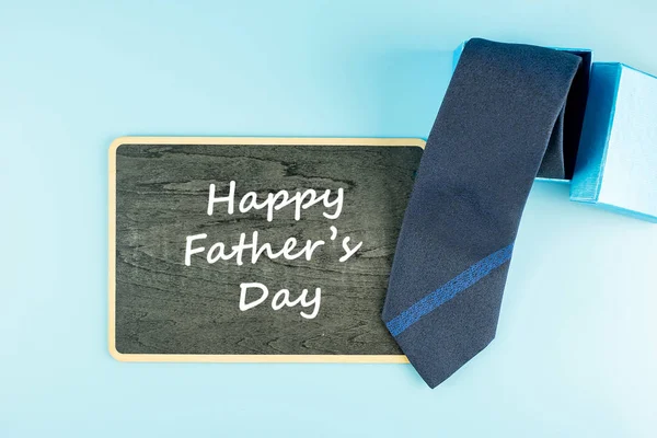 Blue Necktie Gift Box Blue Background Happy Fathers Day International — Stock Photo, Image