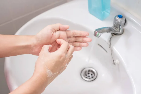 Woman Washing Hands Liquid Soap Step Rub Palms Your Fingers — Stock Photo, Image