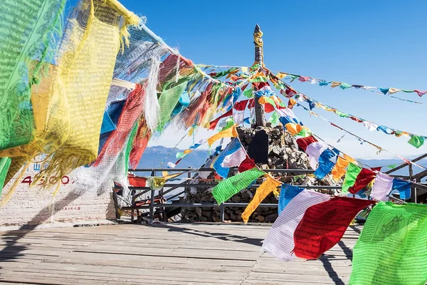 Prayer Flags Stupa Peak Shika Snow Mountain Blue Moon Valley — Stock Photo, Image