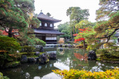 Картина, постер, плакат, фотообои "храм гинкакудзи или серебряный павильон в осенний сезон листвы, достопримечательности и известные туристическими достопримечательностями в киото, кансай, япония
", артикул 370405286