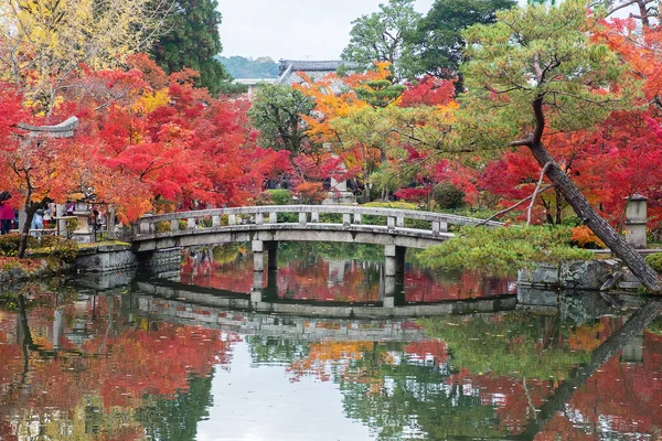 Dekoracje Kamienny Most Staw Kolorowymi Liśćmi Świątyni Eikando Piękny Ogród — Zdjęcie stockowe