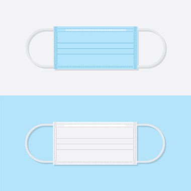 Beyaz ve mavi arka planda tıbbi maske. Hava kirliliğine, virüse, gribe, öksürüğe ve korona 'ya karşı güvenlik maskesi. Vektör illüstrasyonu