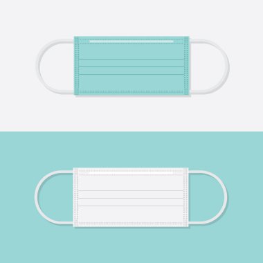 Beyaz ve yeşil arka planda tıbbi maske. Hava kirliliğine, virüse, gribe, öksürüğe ve korona 'ya karşı güvenlik maskesi. Vektör illüstrasyonu