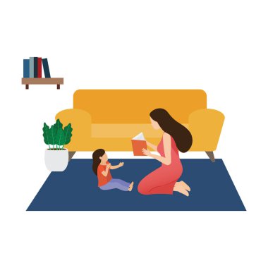 Anne kızı için bir kitap okuyor. Düz vektör illüstrasyonu.