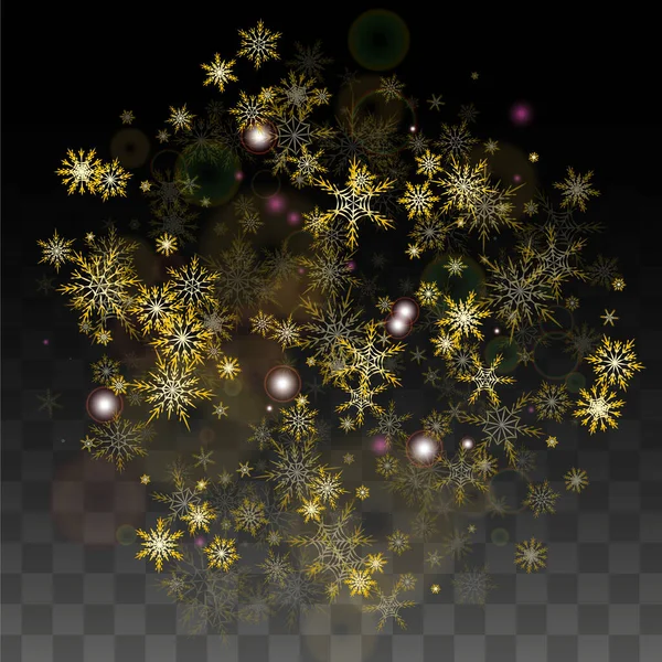 크리스마스 Vector Background with Gold Falling Snowflakes Isolated on Transparent Background. 현실적 인 스노우 스파클 패턴. Snowfall Overlay Print 의 약자이다. 겨울 하늘. 파티 초대를 위한 설계. — 스톡 벡터