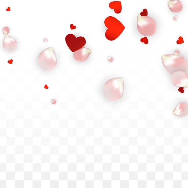 Vector realistische bloemblaadjes en harten Confetti. Flying Rose and Hearts op transparante achtergrond. Achtergrond van vrouwendag. Voorjaarsromantiek grens. Illustratie in het roze voor Amour Design. — Stockvector