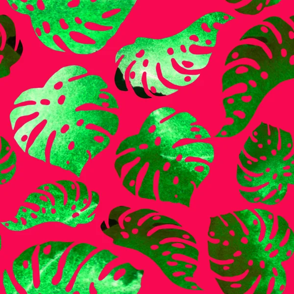 Aquarell nahtloses tropisches Muster. Handgezeichnete Palmblätter Hintergrund. Batic Monstera Illustration. Tropischer Sommer Beach Design. Hawaiian Print zum Einwickeln. Dschungel wiederholt Ornament. — Stockfoto