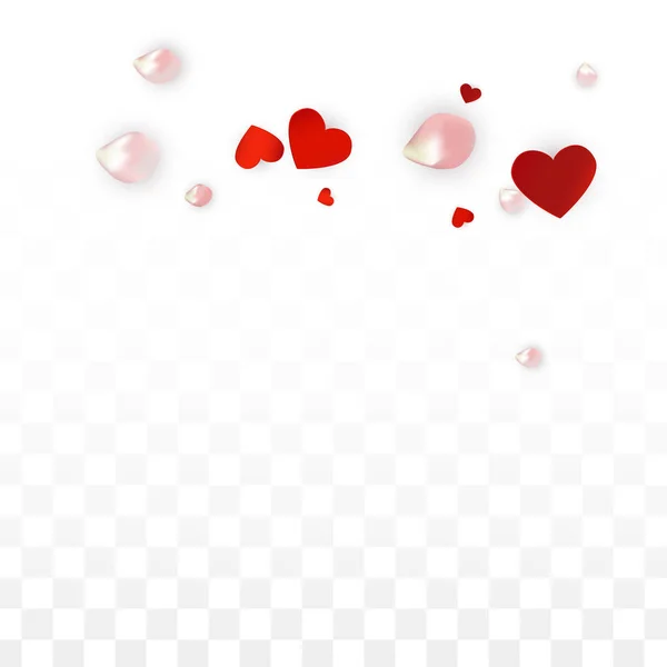 Vektor realistiska kronblad och hjärtan Confetti. Flygande ros och hjärtan på transparent bakgrund. — Stock vektor
