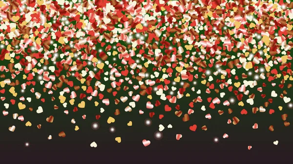 Reális háttér Confetti of Hearts Glitter részecskékkel. Csillogó fények textúra. Ünnepi minta. Fényfoltok. Confetti robbanása. Csillámló vektor illusztráció. Bannertervezés. — Stock Vector