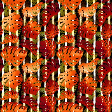 Palmiye yaprakları ve çiçeklerle tropik suluboya arka plan. 