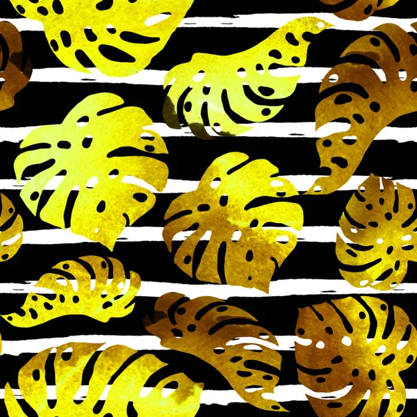 Tropical watercolor background with palm leaves, flowers. 