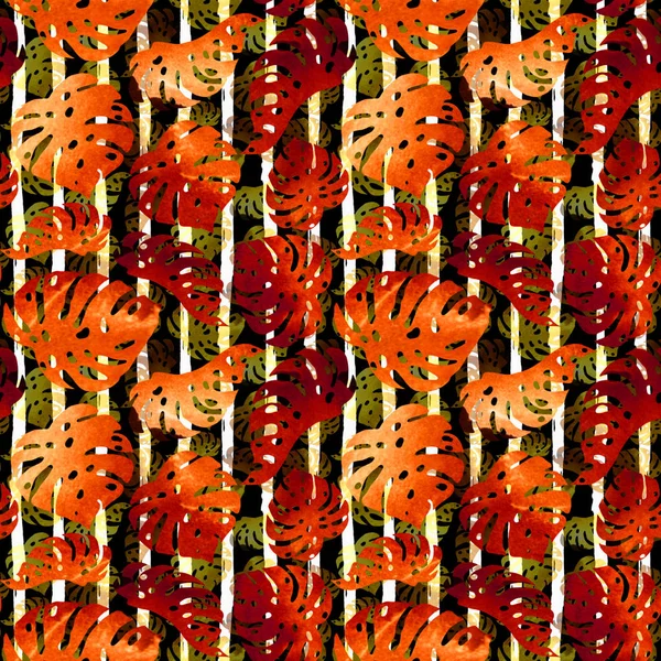 Tropical watercolor background with palm leaves, flowers. 