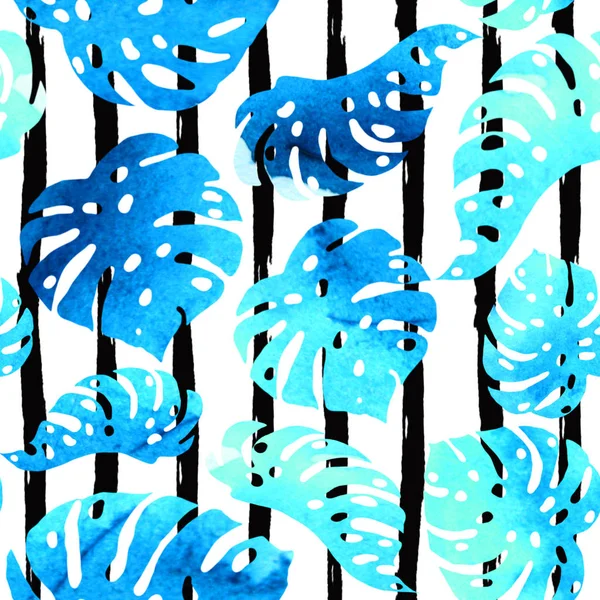 Tropical watercolor background with palm leaves, flowers. 