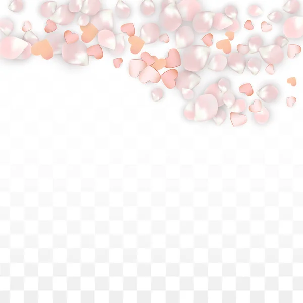 Vektor realistiska kronblad och hjärtan Confetti. Flygande Sakura och hjärtan på genomskinlig bakgrund. Bröllopsinbjudan bakgrund. Vårens romantiska affisch. Vektor Illustration för jubileumsdesign. — Stock vektor