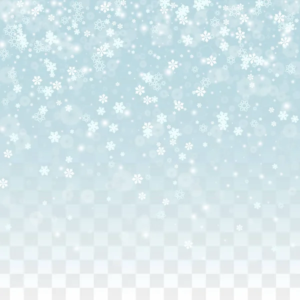 Weihnachten Vektor Hintergrund mit fallenden Schneeflocken isoliert auf transparentem Hintergrund. Realistisches Snow Sparkle Pattern. Schneefall Overlay Print. Winterhimmel. Realistischer Schnee. Frohe Weihnachten, Neues Jahr. — Stockvektor