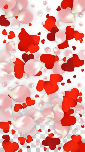 Vektorové realistické okvětní lístky a srdce Confetti. Létající růže a srdce na průhledném pozadí. — Stockový vektor