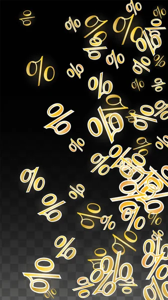 Luxus Vector Gold Percentage Sign Confetti auf Transparent. Prozent Verkaufshintergrund. Betriebswirtschaft, VWL Print. Discount Illustration. Werbeplakat. Banner zum Black Friday. Vorlage für Sonderangebote. — Stockvektor