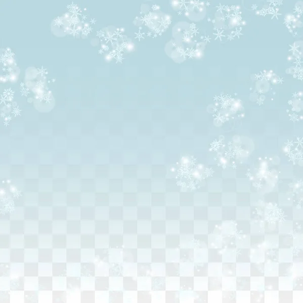Fond vectoriel de Noël avec flocons de neige tombants isolés sur fond transparent. Modèle réaliste d'étincelle de neige. Impression de recouvrement de neige. Winter Sky. Neige réaliste. Joyeux Noël, Nouvel An. — Image vectorielle