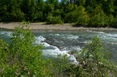 Uçurumlar arasındaki dağ nehri. Nehrin mavi berrak suyu.