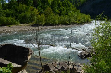 Uçurumlar arasındaki dağ nehri. Nehrin mavi berrak suyu.