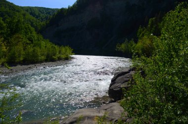 Uçurumlar arasındaki dağ nehri. Nehrin mavi berrak suyu.