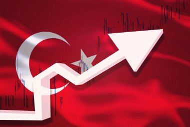Hindi büyüme tablosu. Ülkenin sallanan bayrağının arka planında beyaz 3D ok ve borsa tablosu büyüyor.