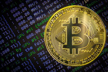 Zincir teknolojileri ve madencilik konsepti. Merkezi olmayan kripto para birimi. Çalışan bir yazılım çıktısıyla birlikte bilgisayar ekranında duran gerçek bir sembolik Bitcoin fotoğrafıName.