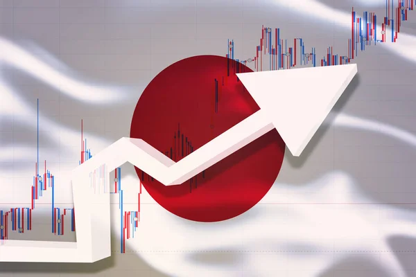 Japan growth chart. White 3D arrow and stocks chart grows up on the background of waving flag of the country.