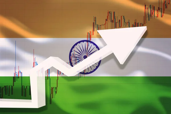 India growth chart. White 3D arrow and stocks chart grows up on the background of waving flag of the country.