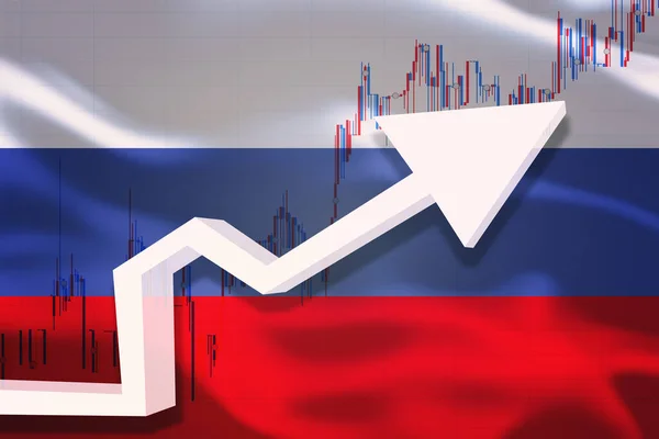 Russia growth chart. White 3D arrow and stocks chart grows up on the background of waving flag of the country.