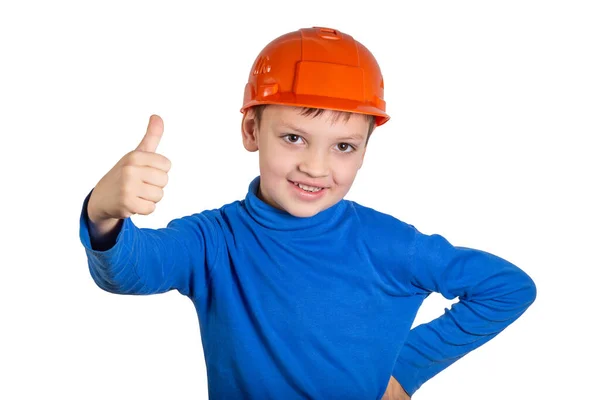 Child Showing Thumbs Gesture Builder Hat — Stock Photo, Image