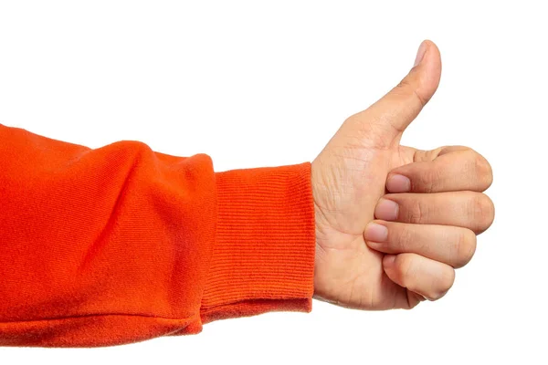 Χέρι Πορτοκαλί Παλτό Που Δείχνει Thumbsup Χειρονομία — Φωτογραφία Αρχείου