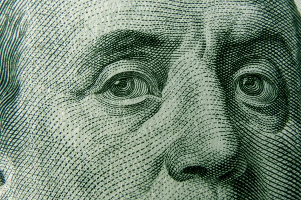 Closeup Benjamin Franklin Eyes 100 Dollar Bill American Currency World — Stock Photo, Image