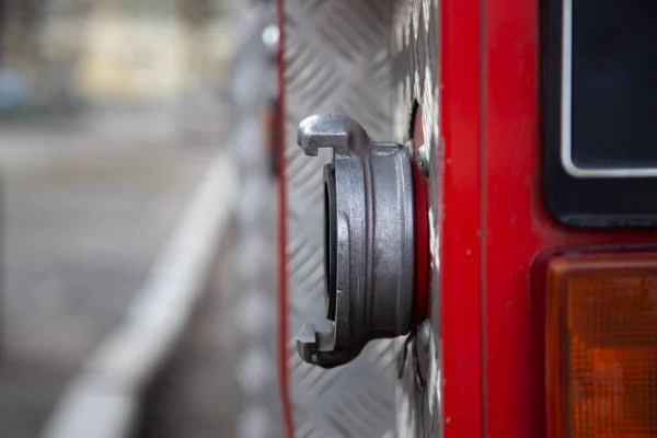 Fire Truck Water Connection Valve Shallow Depth Field Closeup Firefighter — Stock Photo, Image