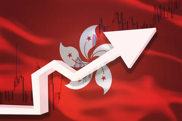 HonKong growth chart. White 3D arrow and stocks chart grows up on the background of waving flag of the country.