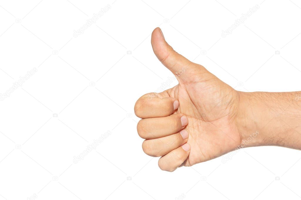 Thumbs up postive gesture on the isolated palm of the hand.