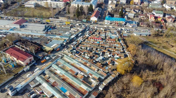 Lutsk Ukraine 2020 Lutsk City Central Market Square 容器和变电所的种类 从上而下的航空观 — 图库照片