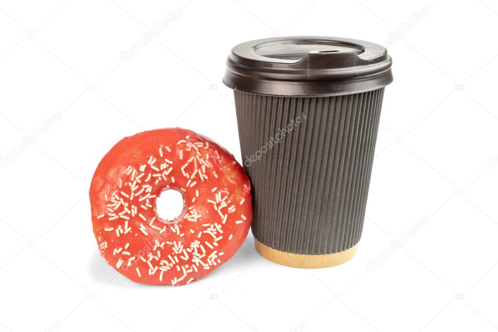 Pink Doughnut cut out standing on white background with take away coffee cup of chockolate color.