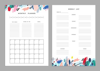 Monthly planner and weekly list templates clipart
