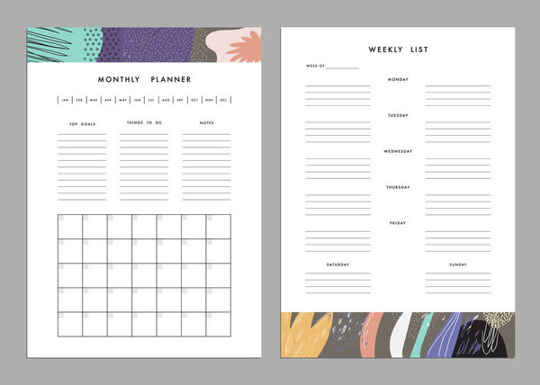 Monthly planner and weekly list templates