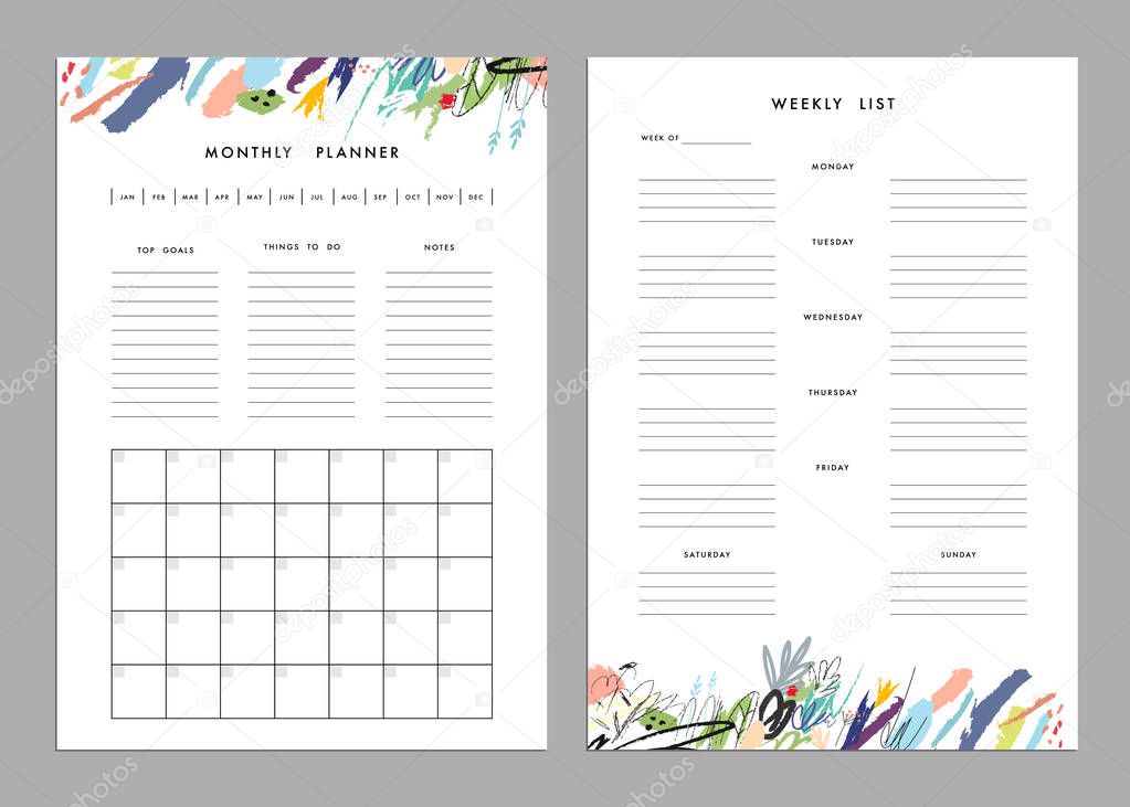 Monthly planner and weekly list templates