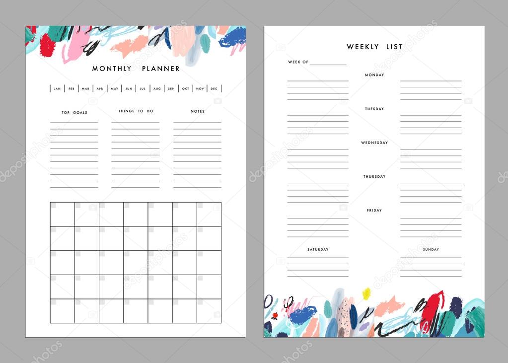 Monthly planner and weekly list templates