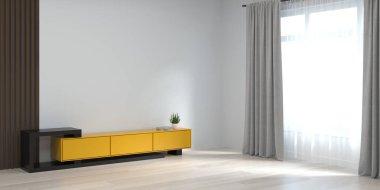 Duvar, boş duvarın önündeki modern televizyon dolabını, modern ev tasarımını, grafik tasarım duvarı için minimum model öğesini, 3D hazırlayan modern duvar önündekini taklit eder.