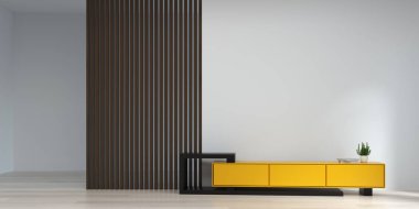 Duvar, boş duvarın önündeki modern televizyon dolabını, modern ev tasarımını, grafik tasarım duvarı için minimum model öğesini, 3D hazırlayan modern duvar önündekini taklit eder.