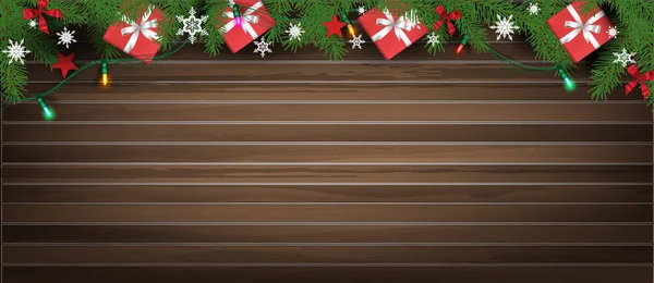 Horizontális Karácsony Boldog Évet Banner Xmas Csillogó Fények Koszorú Ajándékdoboz — Stock Vector