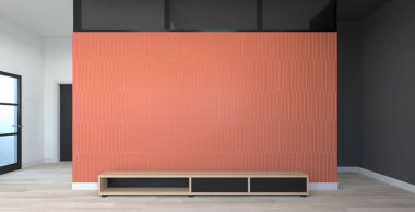 Duvar, boş duvarın önündeki modern televizyon dolabını, modern ev tasarımını, grafik tasarım duvarı için minimum model öğesini, 3D hazırlayan modern duvar önündekini taklit eder.