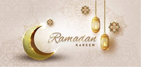 Ramadã Kareem Com Crescen Luxuoso Dourado Modelo Islâmico Ornamentado Cartão —  Vetores de Stock